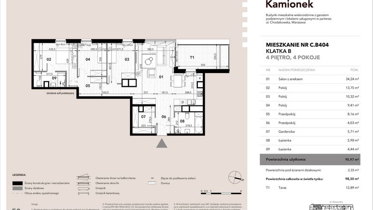 Rzut - Mieszkanie na sprzedaż 4 pokoje o powierzchni 95,97 m² - numer C.B404 w Nowy Kamionek