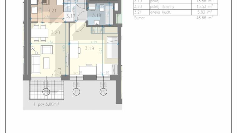 Rzut - Mieszkanie na sprzedaż 2 pokoje o powierzchni 48,66 m² - numer 19 w Residence Przewóz 41