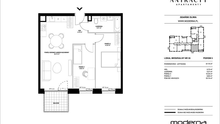Rzut - Mieszkanie na sprzedaż 3 pokoje o powierzchni 57,74 m² - numer 33 w Antracyt