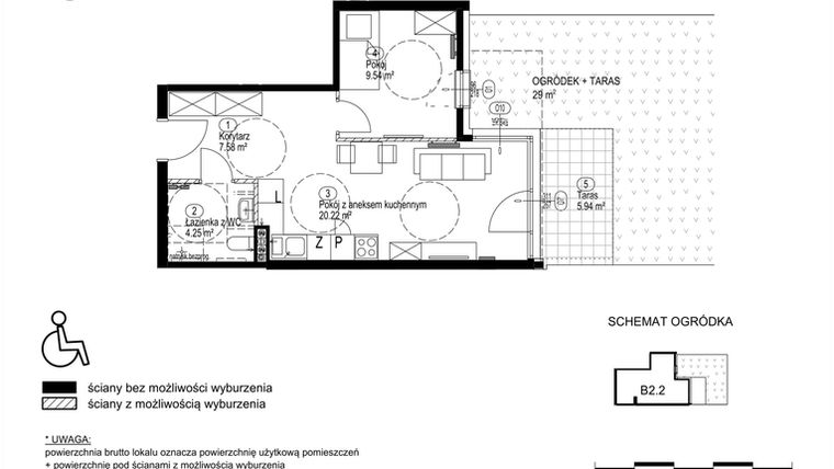 Rzut - Mieszkanie na sprzedaż 2 pokoje o powierzchni 42,35 m² - numer B2.2 w Morelova
