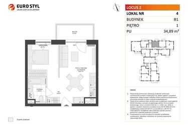 Rzut - Mieszkanie na sprzedaż 1 pokój o powierzchni 34,89 m² - numer 4 w Locus 2