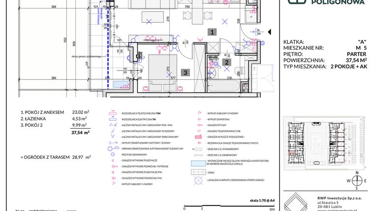 Rzut - Mieszkanie na sprzedaż 2 pokoje o powierzchni 37,54 m² - numer 5 w Apartamenty Poligonowa etap 5