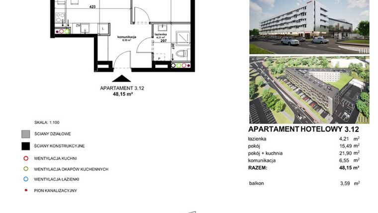 Rzut - Mieszkanie na sprzedaż 2 pokoje o powierzchni 48,03 m² - numer 3.12 w Apartamentowiec Zwycięska 3 - inwestycyjne