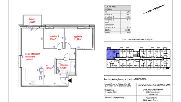 Rzut - Mieszkanie na sprzedaż 3 pokoje o powierzchni 68,7 m² - numer G.27 w Osiedle Natura Life budynki GHI
