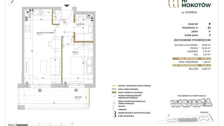 Rzut - Mieszkanie na sprzedaż 2 pokoje o powierzchni 37,11 m² - numer A1.B.23 w Hi Mokotów