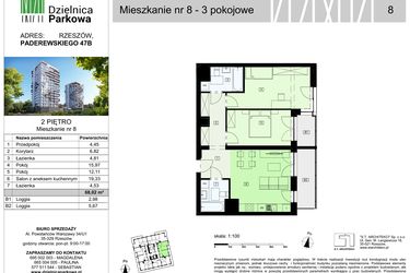 Rzut - Mieszkanie na sprzedaż 3 pokoje o powierzchni 68,02 m² - numer 8/B7 w Dzielnica Parkowa VII