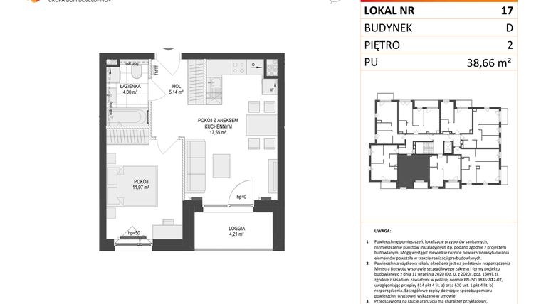 Rzut - Mieszkanie na sprzedaż 2 pokoje o powierzchni 38,66 m² - numer D.17 w Osiedle Warszawska etap II